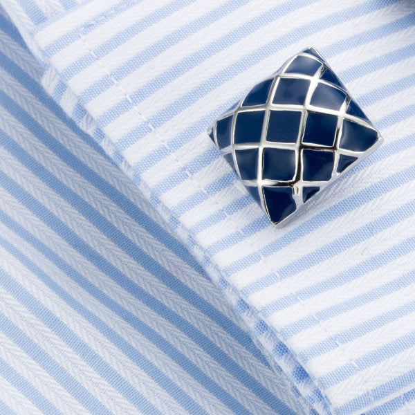High-Quality Blue Enamel Checkered Cufflinks