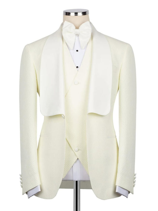 Beige 3-Piece Single-Breasted Shawl Lapel Suit