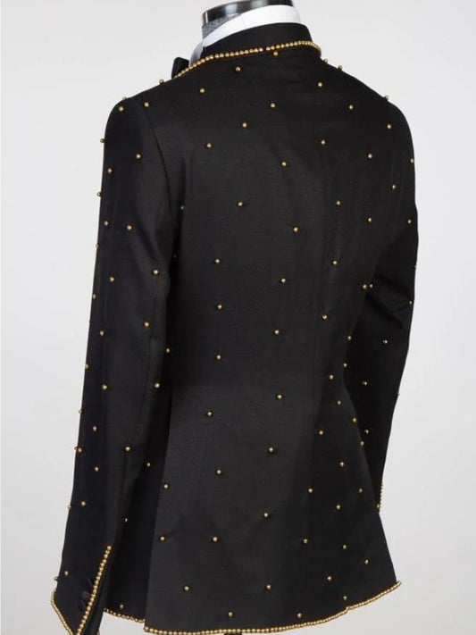 Black Velvet Studded Peak Lapel Tuxedo Suit
