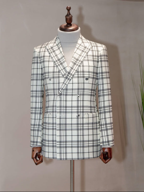 Men’s White Plaid Peak Lapel Suit – Stylish 2-Piece Prom & Wedding Outfit
