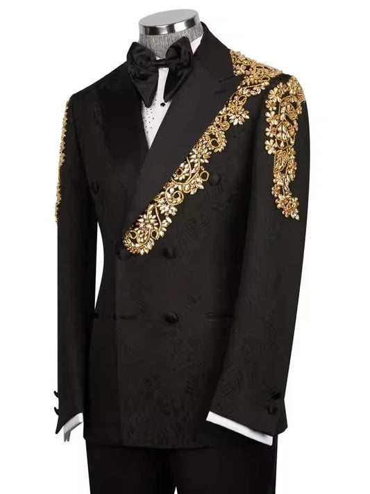 Luxury Black Gold Embroidered Double-Breasted Tuxedo for Men