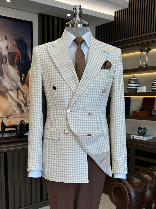 Men’s Beige Houndstooth Double Breasted Suit – Peak Lapel Wedding Formal Blazer