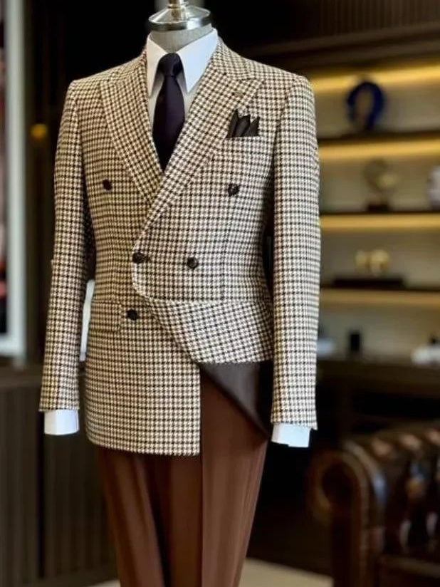 Men’s Light Brown Plaid Double Breasted Suit – Peak Lapel Wedding Formal Blazer