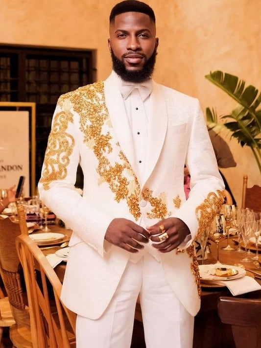 White Gold Beaded Prom Tuxedo for Men
