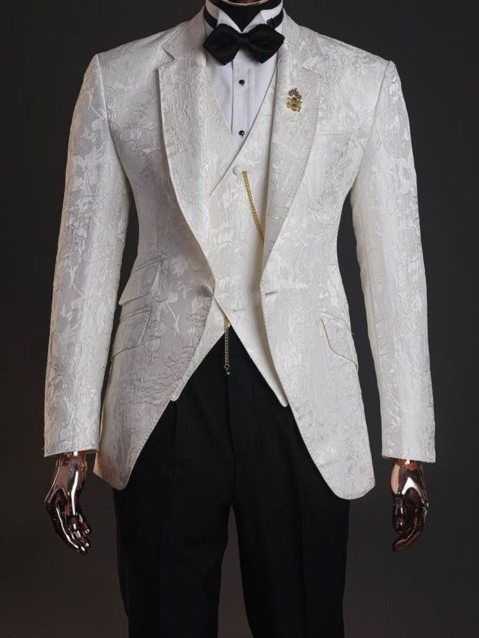 White Jacquard Prom Suit for Men – Elegant 3-Piece Style