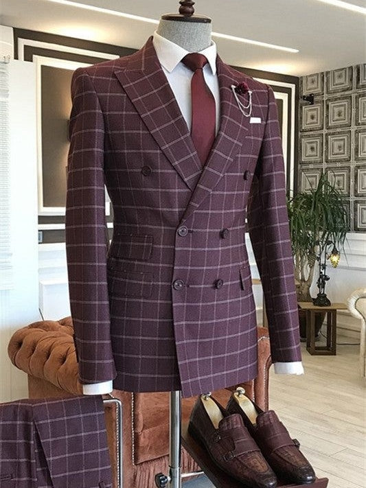 Burgundy Plaid Prom Double Breasted Slim Fit Suit for Men