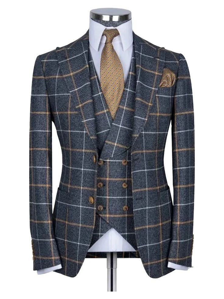 Blue plaid 3 Piece Double Breasted Slim Fit Formal Suit