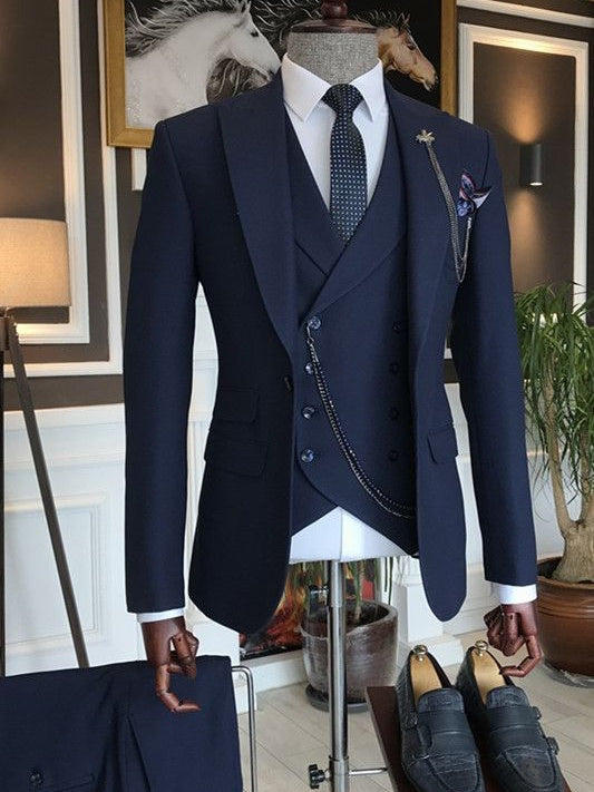 Elegant Dark Blue 3-Piece Suit for Men – Modern Wedding & Groom Style