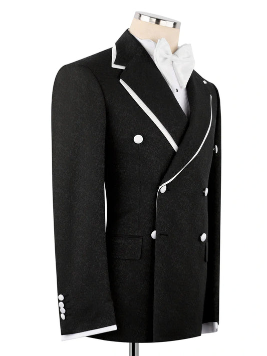 Men’s Black Notch Lapel Double-Breasted Tuxedo with White Trim