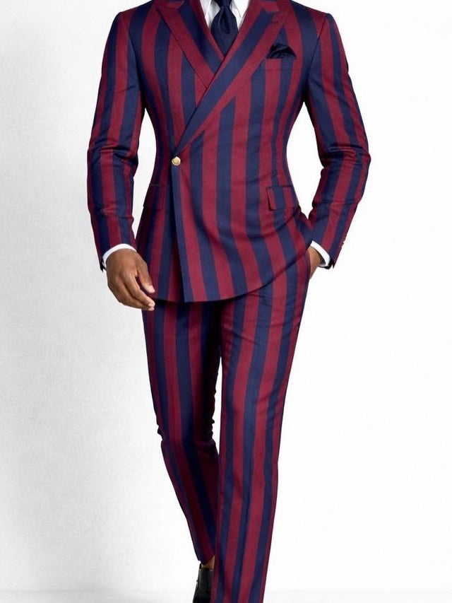 Red and Blue Striped 1-button 2-Piece Suit for Men