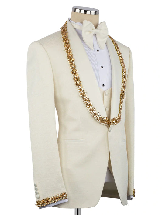 Men’s Ivory Rhinestone Shawl Lapel 3-Piece Prom Tuxedo Suit