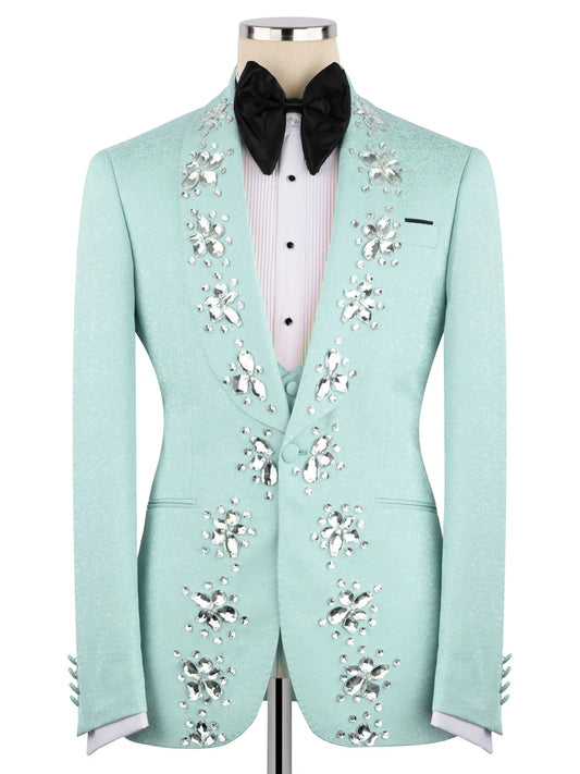 Light Green Rhinestone Decor Single-Breasted Prom Tuxedo Suit