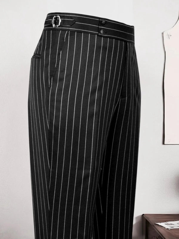 Men’s Black Striped Double-Breasted Peak Lapel Formal Suit
