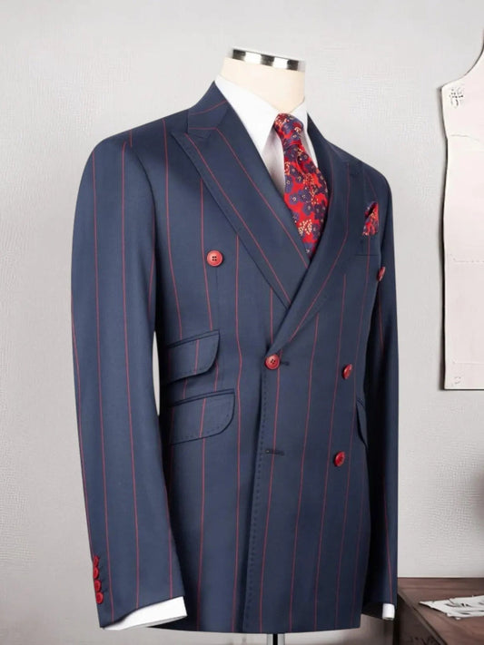Men’s Blue Striped Double-Breasted Peak Lapel Formal Suit