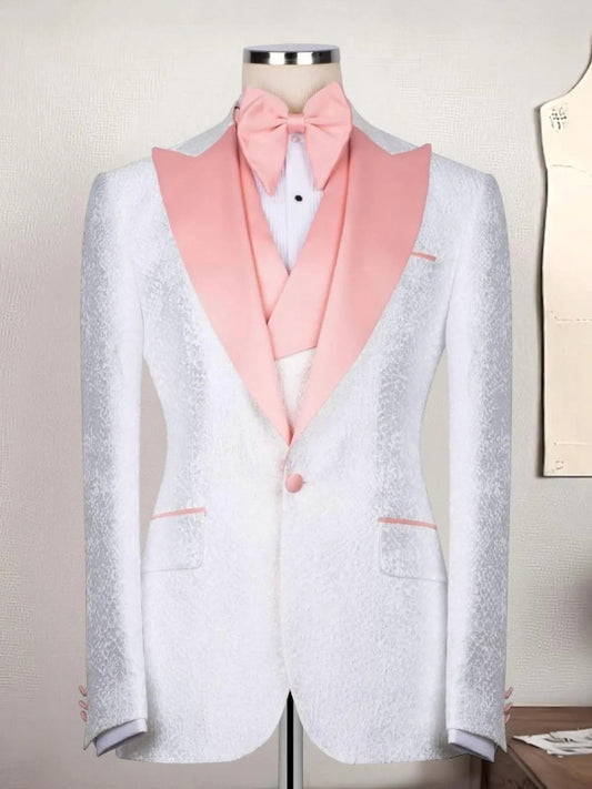 Men’s White Jacquard Pink Shawl Lapel Tuxedo Suit