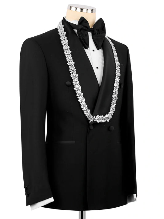 Black Embellished Shawl Lapel Slim Fit Wedding Prom Suit