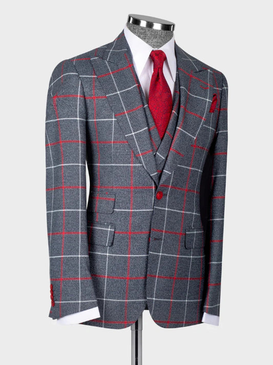 Gray Plaid Double Breasted Slim Fit 3 piece Suit for Men
