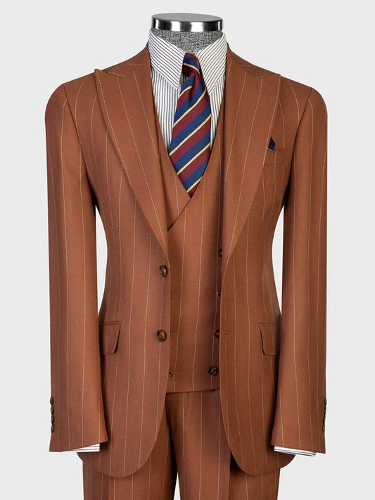 Men’s Brown Pinstripe 2-Button Peak Lapel Design Suit