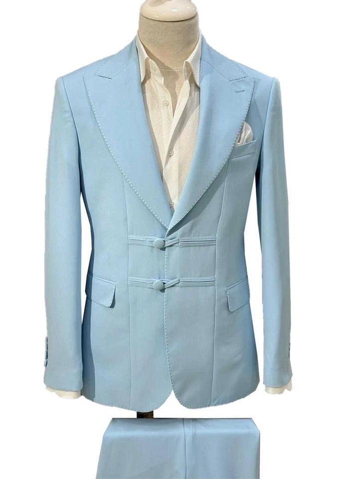 Sky blue Single Breasted Peak Lapel Suit for Men