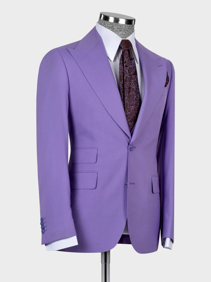 Purple 3-Piece Single Breasted Peak Lapel Slim Fit Suit for Men