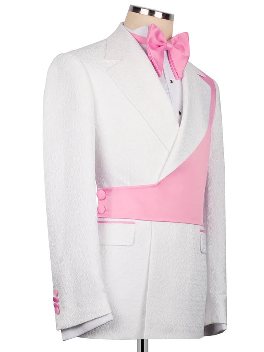 White and Pink Jacquard 2-piece Peak Lapel Trendy Suit