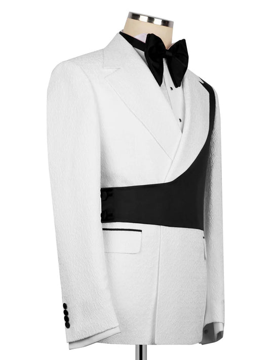 White and Black Jacquard 2-piece Peak Lapel Trendy Suit