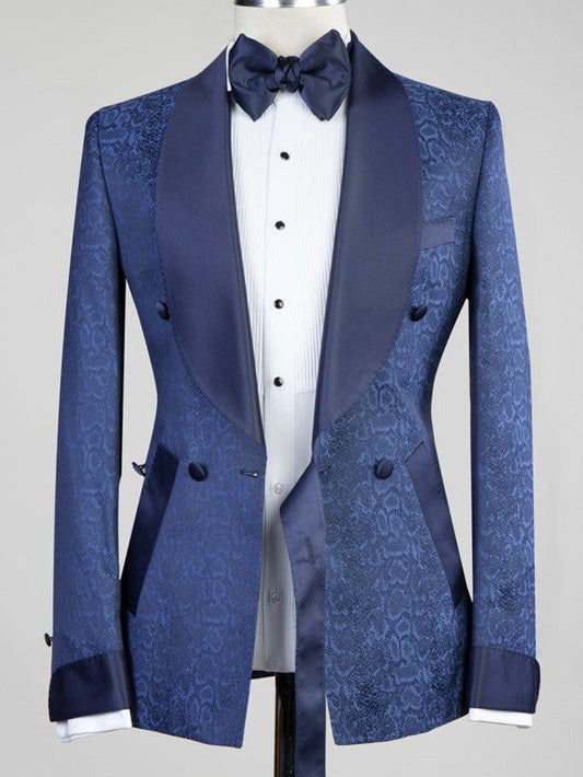 Navy Jacquard 2-Piece Double-Breasted Shawl Lapel Suit