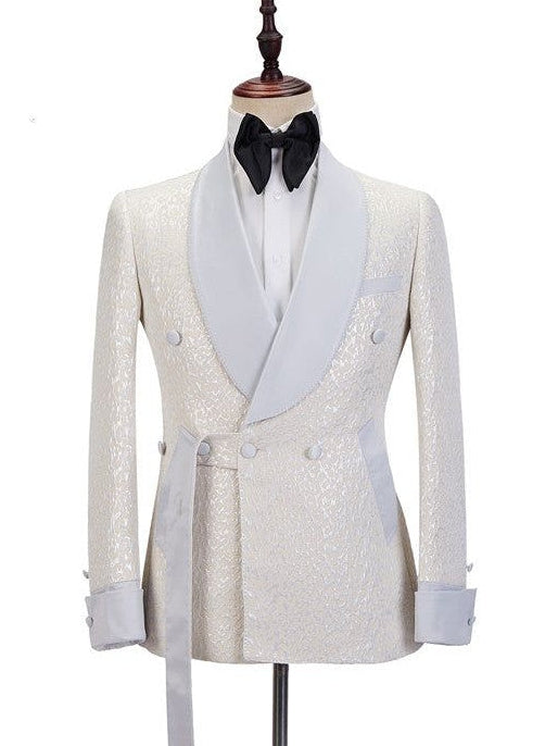 Champagne Jacquard 2-Piece Double-Breasted Shawl Lapel Suit