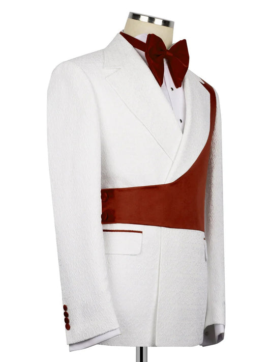 White and Burgundy Jacquard 2-piece Peak Lapel Trendy Suit