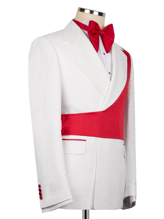 White and Red Jacquard 2-piece Peak Lapel Trendy Suit