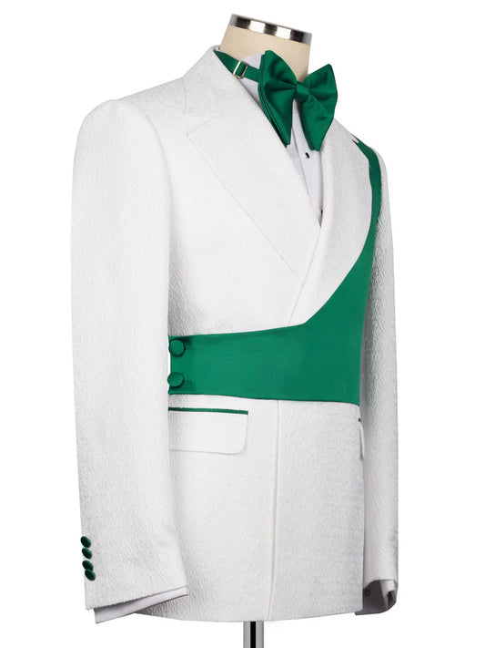 White and Green Jacquard 2-piece Peak Lapel Trendy Suit