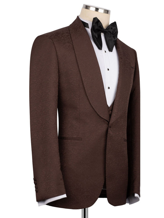 Coffee Jacquard 3-piece Shawl Lapel Prom Suit