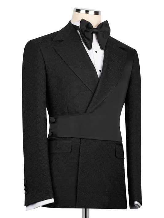 Black Jacquard 2-piece Peak Lapel Trendy Suit