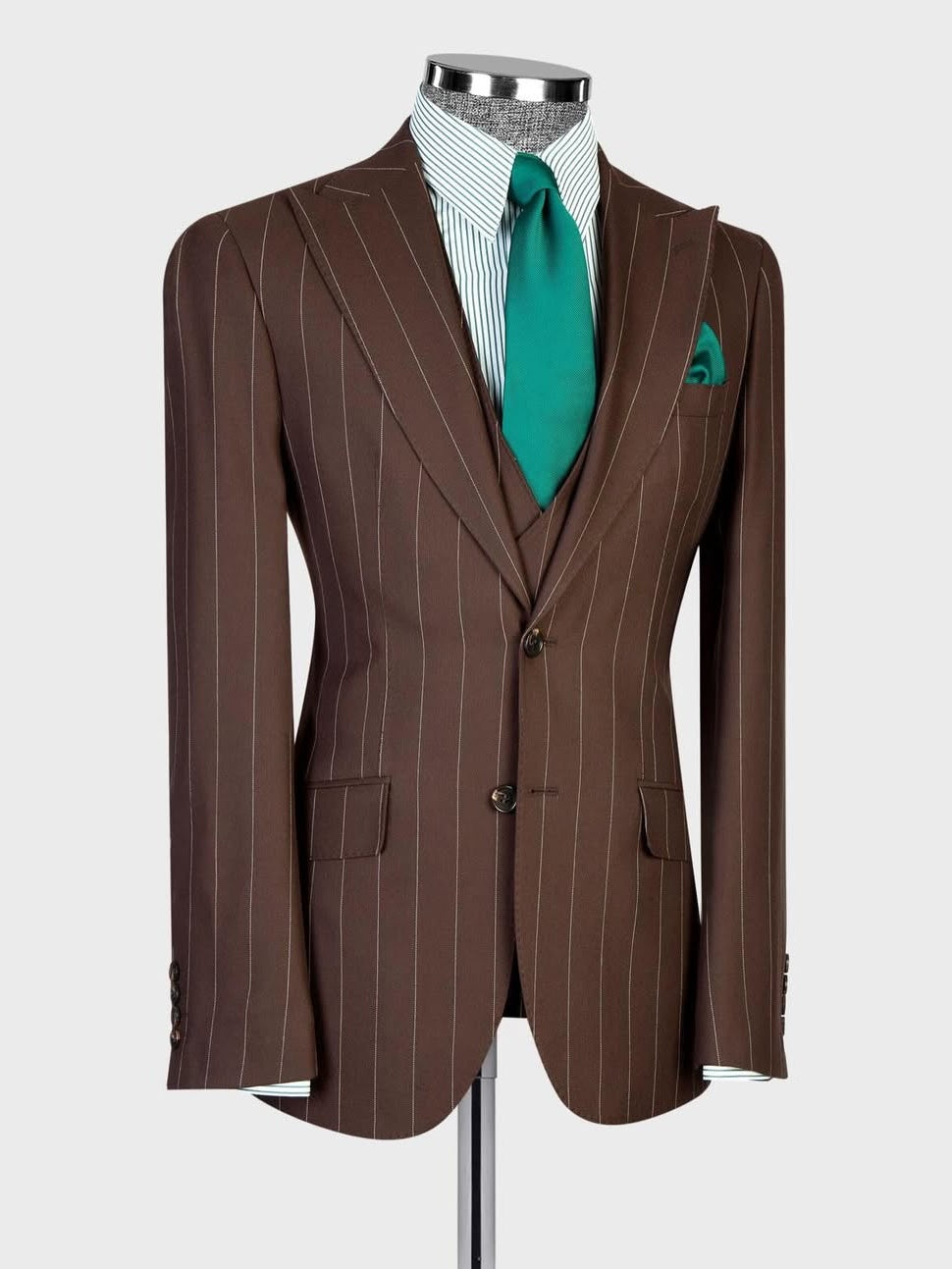 Dark Brown Striped 2-button 3-Piece Business Suit for Men