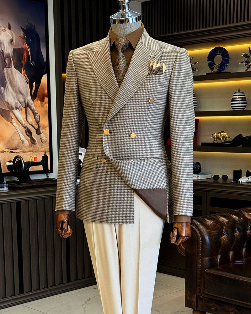 Modern Light Brown Houndstooth Suit for Men