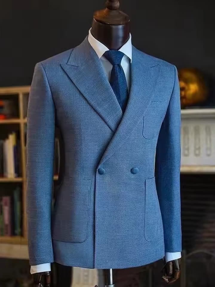 Men’s Blue Business Suit 2 Piece – Formal Peak Lapel Blazer Set with Large Pockets