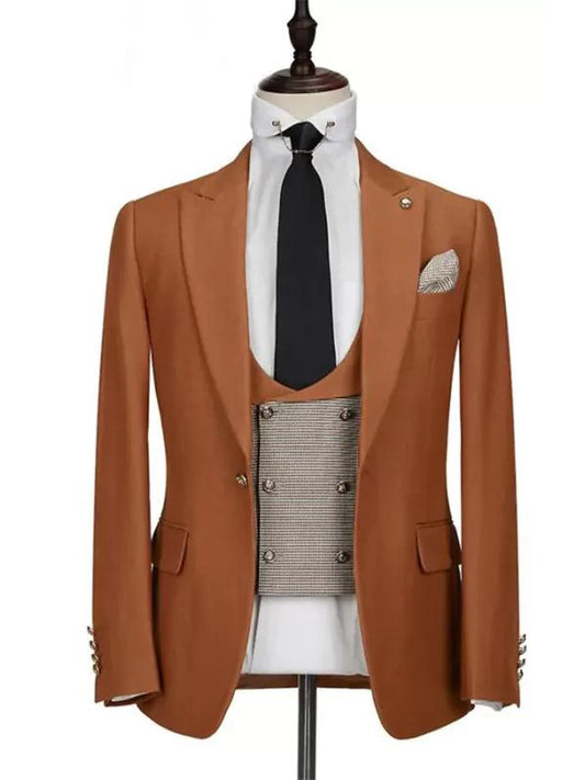 Brown 1 Button 3 Piece Peak Lapel suit