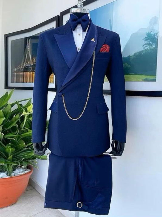 Navy Blue 1 Button 2 Piece Peak Lapel suit