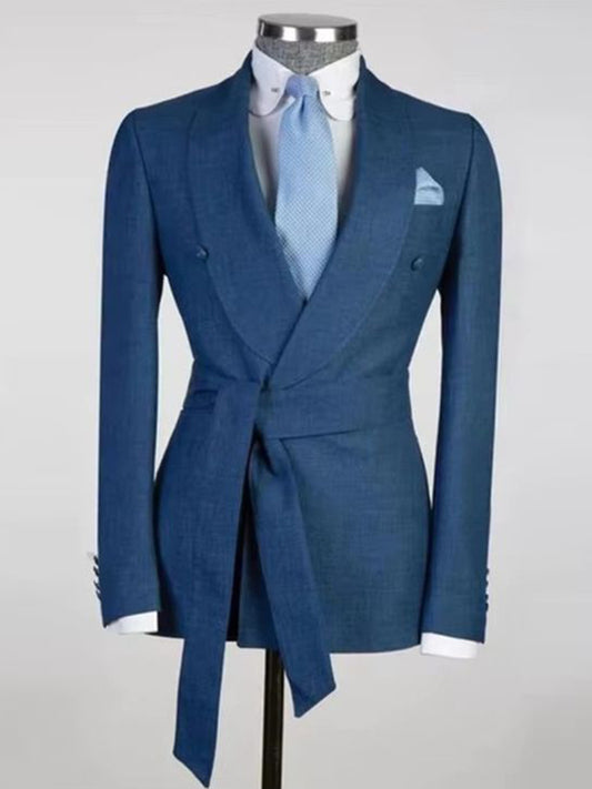Blue 2-piece belted Shawl Lapel suit