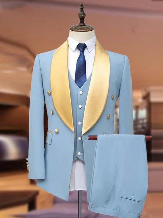 Light Blue 3-piece 1-button Shawl Lapel suit