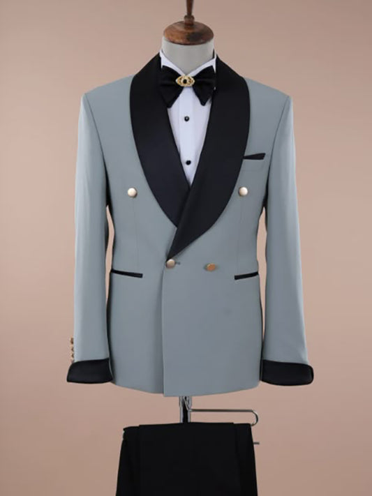 Grey 2-piece Double-breasted Shawl Lapel suit