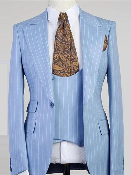 Blue striped 3-piece single-breasted Peak Lapel suit