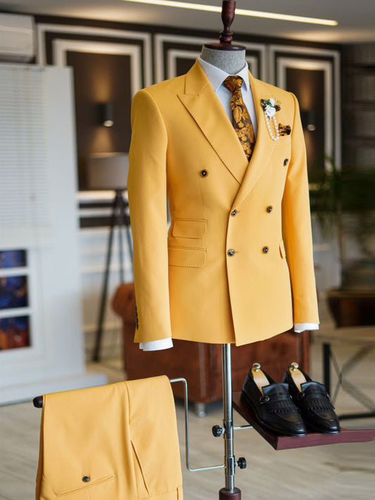 Yellow 2-piece Double-breasted Peak Lapel suit