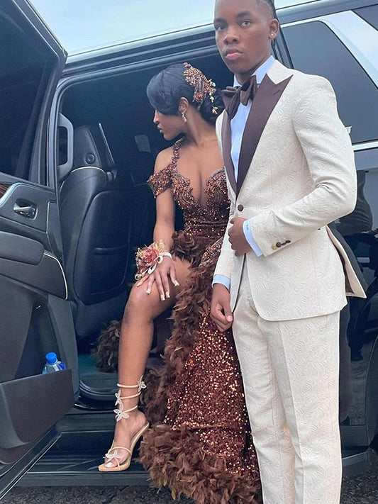 Beige jacquard 2-piece Single-breasted Peak Lapel suit