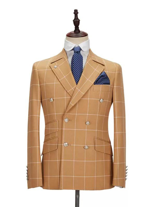 Brown Plaid 2-piece Double-breasted Peak Lapel suit