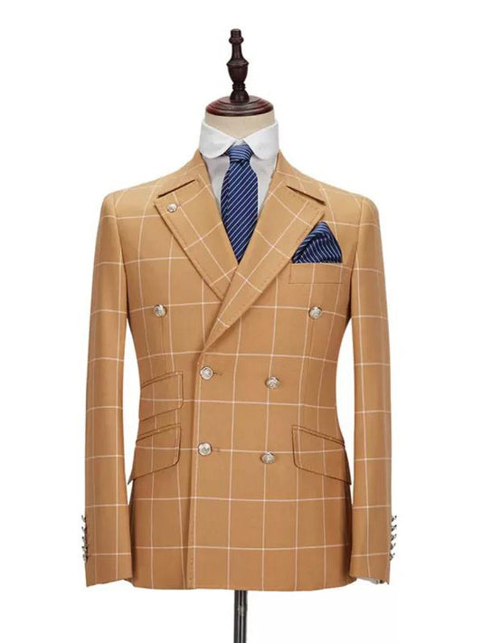 Brown Plaid 2-piece Double-breasted Peak Lapel suit
