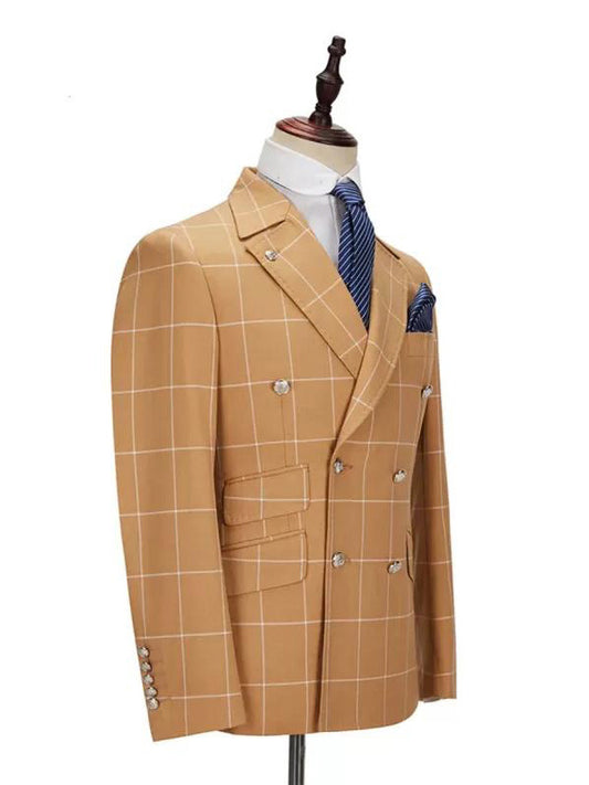 Brown Plaid 2-piece Double-breasted Peak Lapel suit