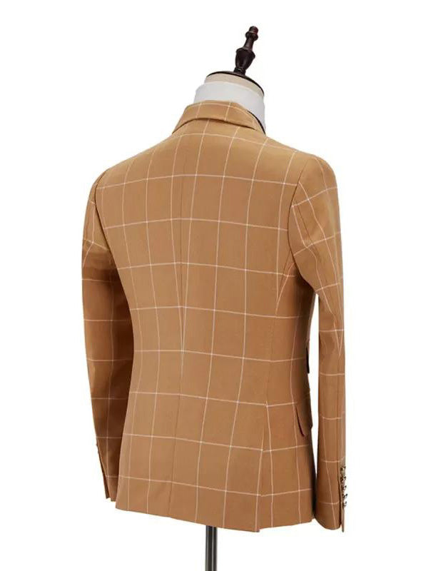 Brown Plaid 2-piece Double-breasted Peak Lapel suit