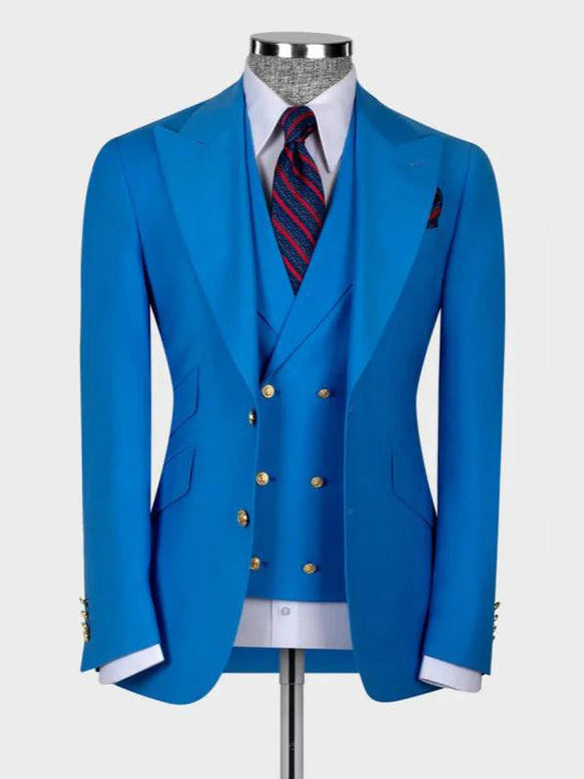 Blue 3-piece Single-breasted Peak Lapel suit