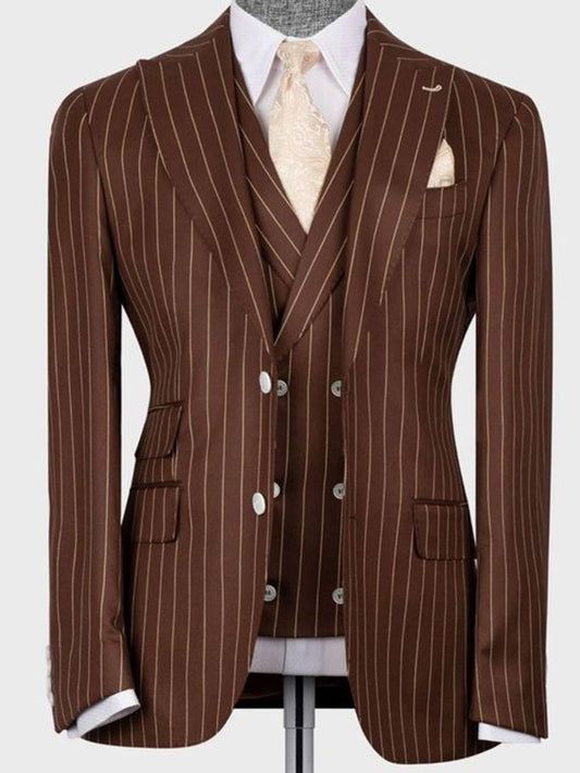 Brown striped 3-piece Single-breasted Peak Lapel suit